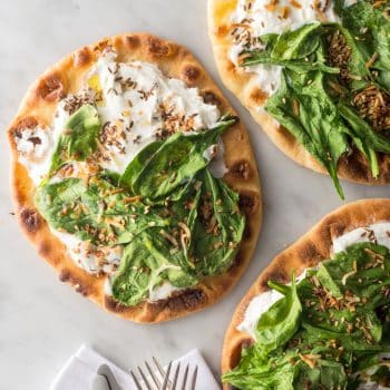 Spinach and Greek yogurt with Indian naan pizza