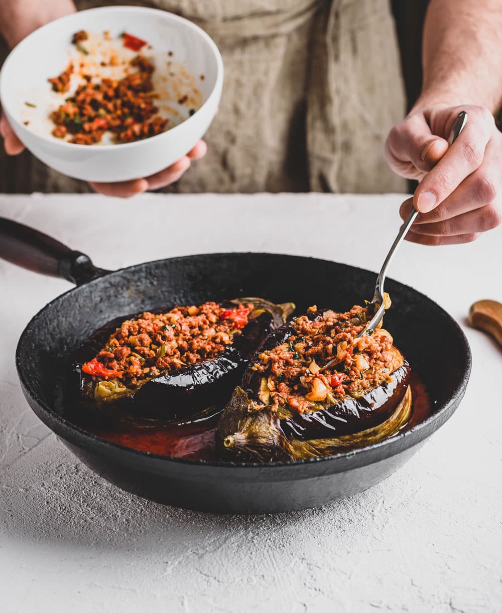 Spiced beef and tomato stuffed aubergine