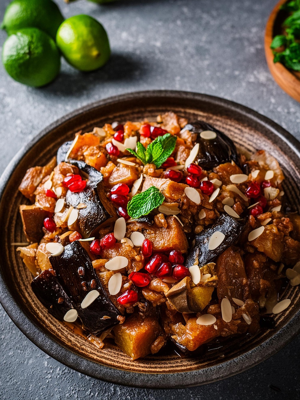 Persian aubergine stew with dried black limes